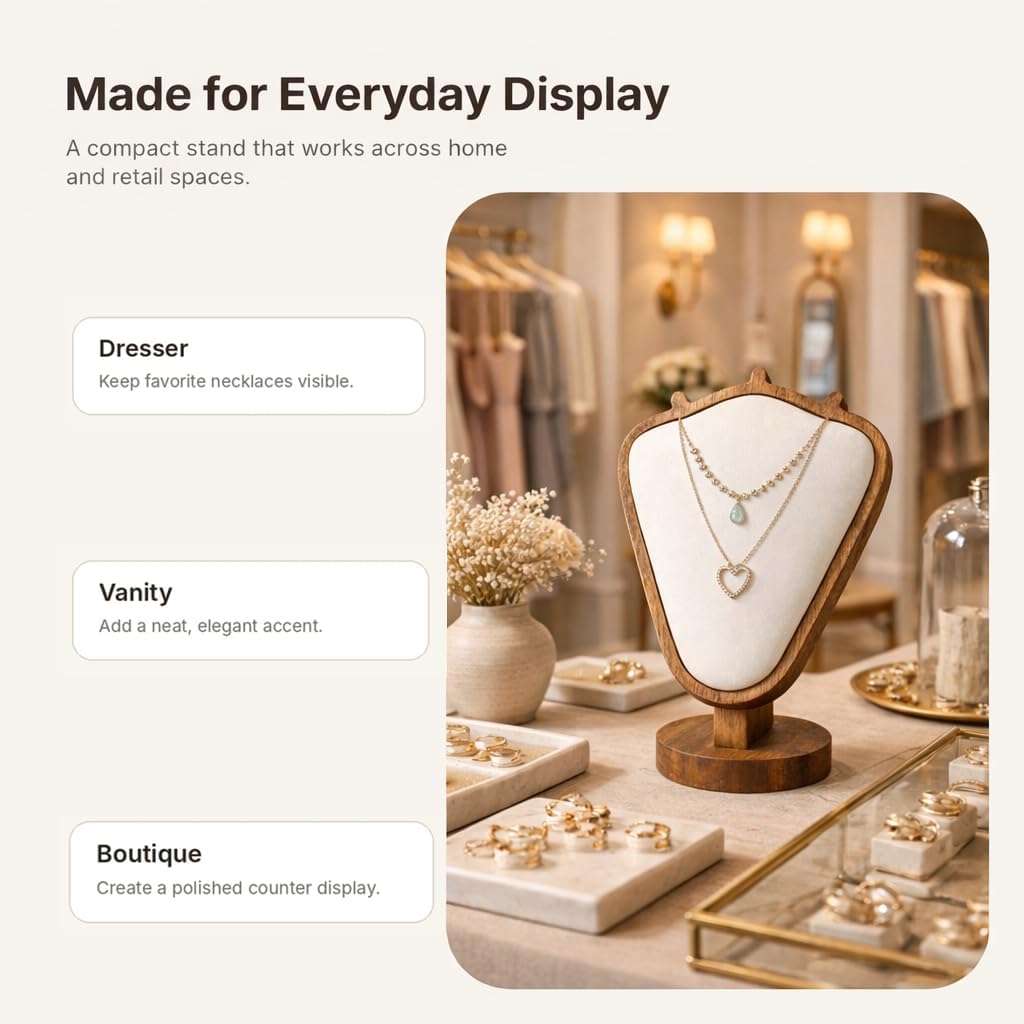 Necklace Display Stand, Walnut Wood Jewelry Holder with Soft Padded Leather Panel, Tabletop Necklace Organizer for Dresser, Vanity, Boutique Display (White)