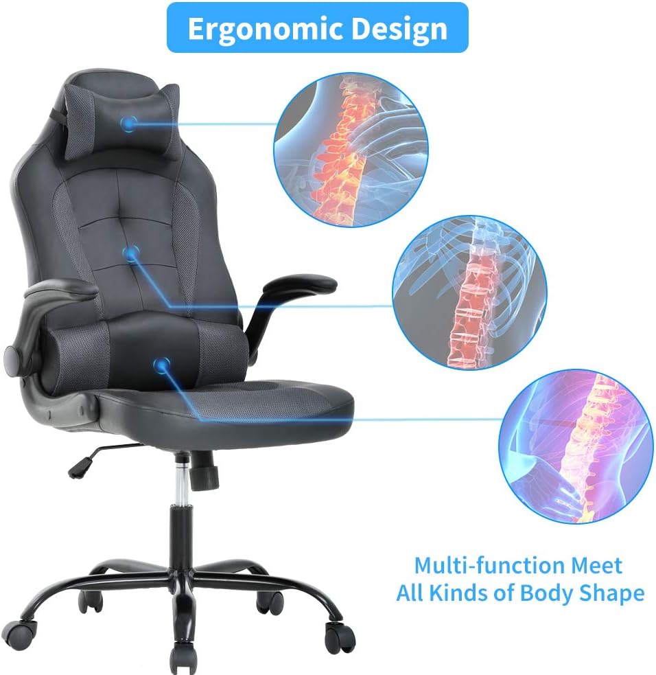 Meet Perfect Gaming Chair Ergonomic Office Desk - Leather Computer Chair With Lumbar Support and Head Pillow - Modern Executive Adjustable Rolling Swivel Task Chair for Home Office, Grey