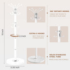 Coat Rack Stand 360°Rotary Coat Rack Freestanding with 16 Hooks | Modern Metal Coat Rack with Natural Marble Base,Coat Hanger Stand, White Coat Hall Clothes Tree for Hallway,Entryway,Office