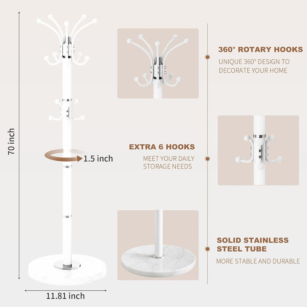 Coat Rack Stand 360°Rotary Coat Rack Freestanding with 16 Hooks | Modern Metal Coat Rack with Natural Marble Base,Coat Hanger Stand, White Coat Hall Clothes Tree for Hallway,Entryway,Office