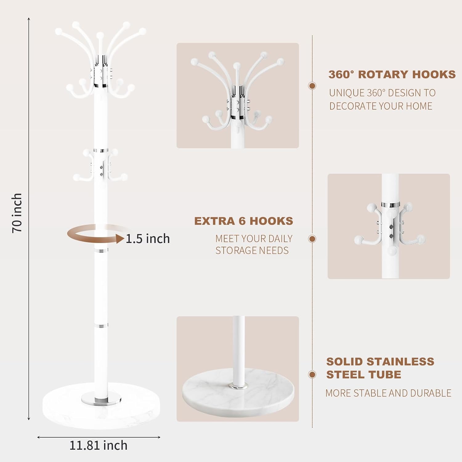 Coat Rack Stand 360°Rotary Coat Rack Freestanding with 16 Hooks | Modern Metal Coat Rack with Natural Marble Base,Coat Hanger Stand, White Coat Hall Clothes Tree for Hallway,Entryway,Office