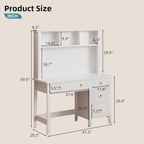 MaverickFurni White Desk with Hutch, 47" White and Gold Desk with 4 Drawers, Modern Girl Desk for Bedroom, Golden Handles