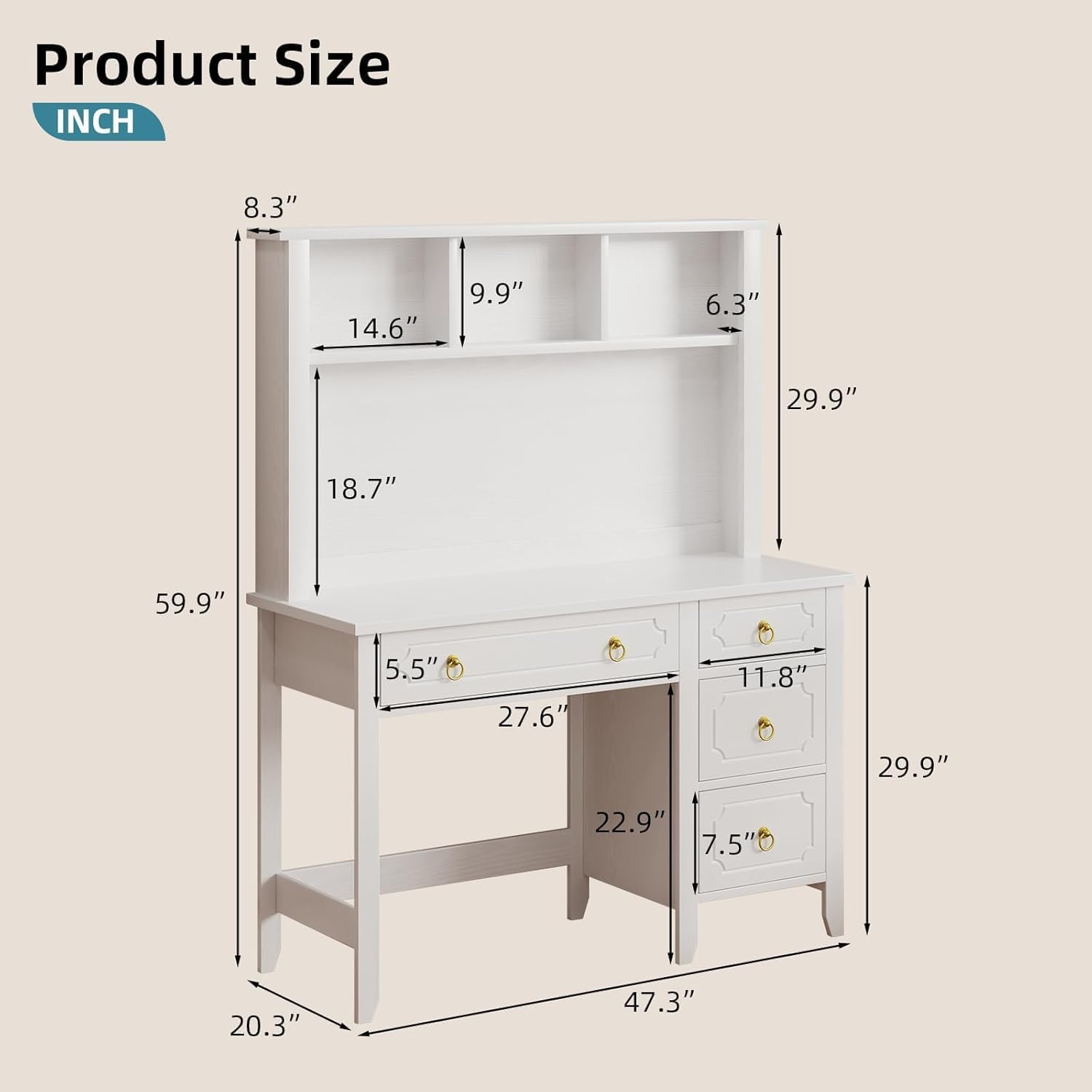 MaverickFurni White Desk with Hutch, 47" White and Gold Desk with 4 Drawers, Modern Girl Desk for Bedroom, Golden Handles