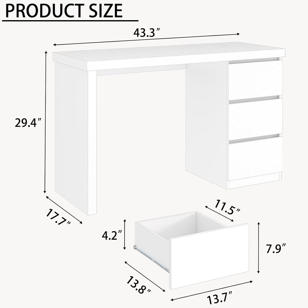 furtble White Desk with Drawers, 43'' W Home Office Computer Desk Gaming Table, Modern Vanity Desk with Storage, Wood Writing Workstation for Bedroom, Living Room, White