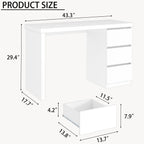 furtble White Desk with Drawers, 43'' W Home Office Computer Desk Gaming Table, Modern Vanity Desk with Storage, Wood Writing Workstation for Bedroom, Living Room, White