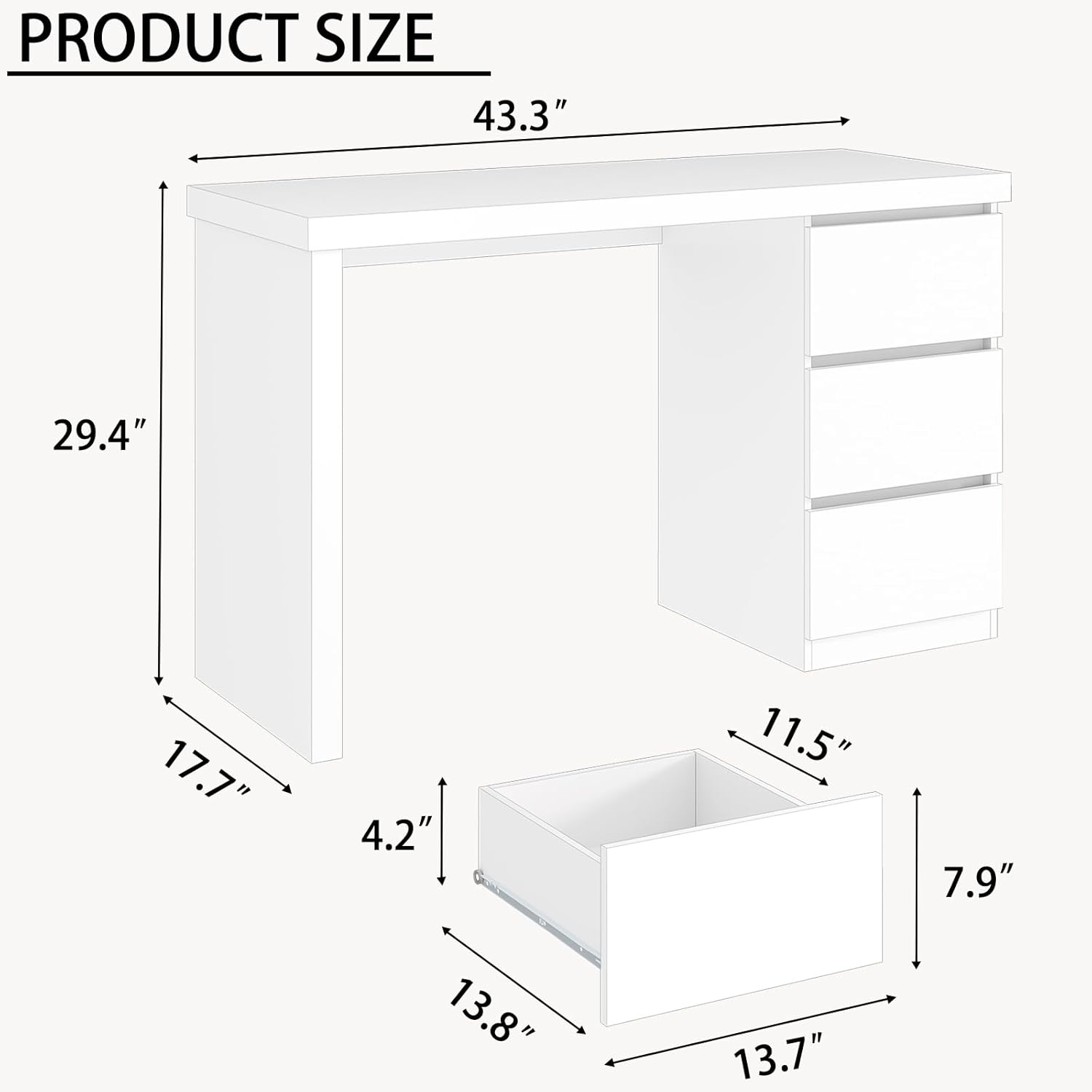 furtble White Desk with Drawers, 43'' W Home Office Computer Desk Gaming Table, Modern Vanity Desk with Storage, Wood Writing Workstation for Bedroom, Living Room, White