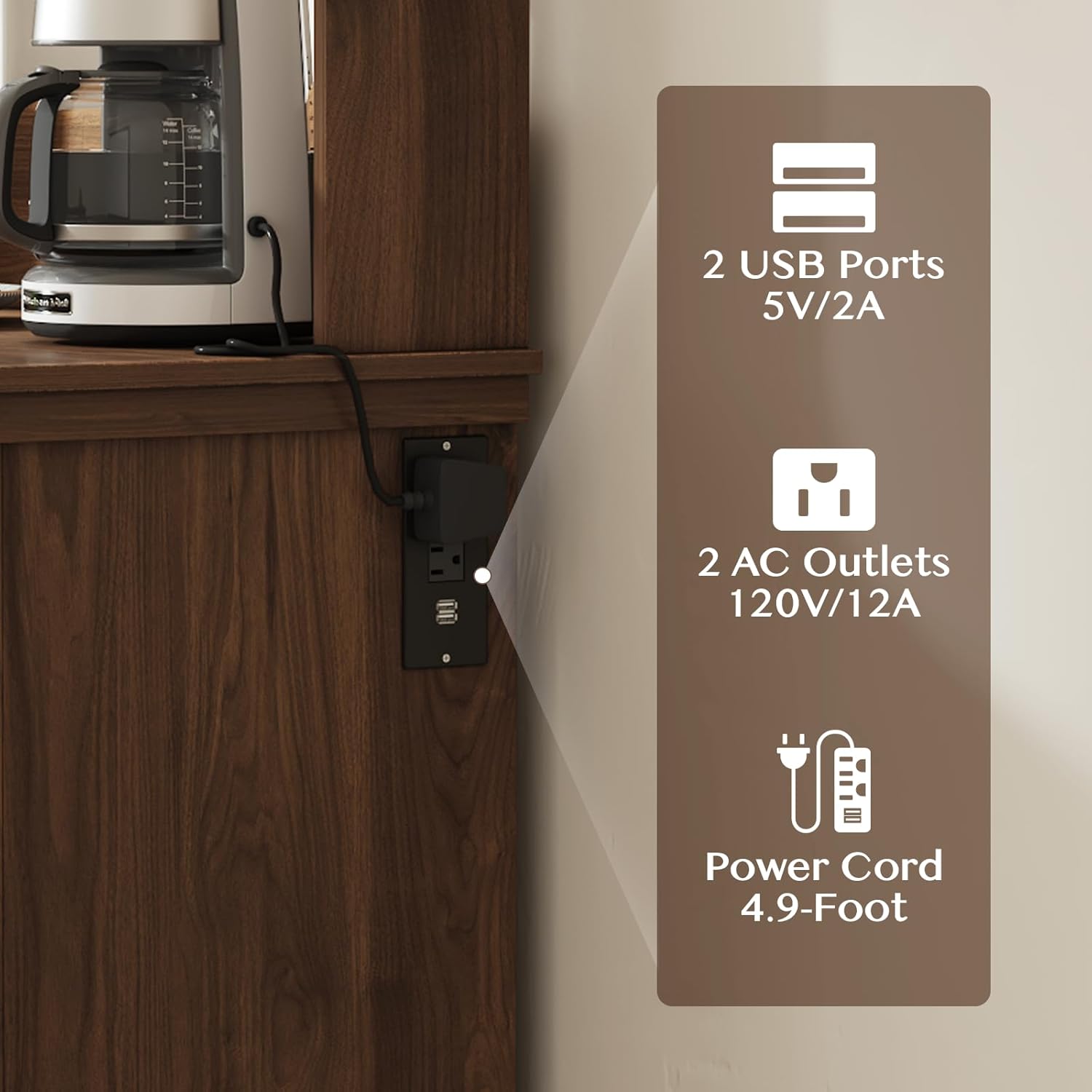 JOINICE Farmhouse Coffee Bar Cabinet with Storage,31.5" Kitchen Cabinet with Hooks and Charging Station,Coffee Station with Adjustable Shelf and Hutch,Sideboard for Living Dining Room