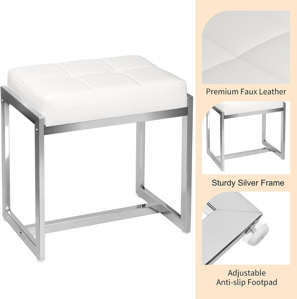 Vanity Stool Chair, Modern PU Leather Ottoman Foot Rest for Vanity Bench with Silver Metal Legs, Multifunctional Chairs for Makeup, Bedroom, Living Room, Small Makeup Stools White&Silver