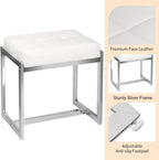 Vanity Stool Chair, Modern PU Leather Ottoman Foot Rest for Vanity Bench with Silver Metal Legs, Multifunctional Chairs for Makeup, Bedroom, Living Room, Small Makeup Stools White&Silver