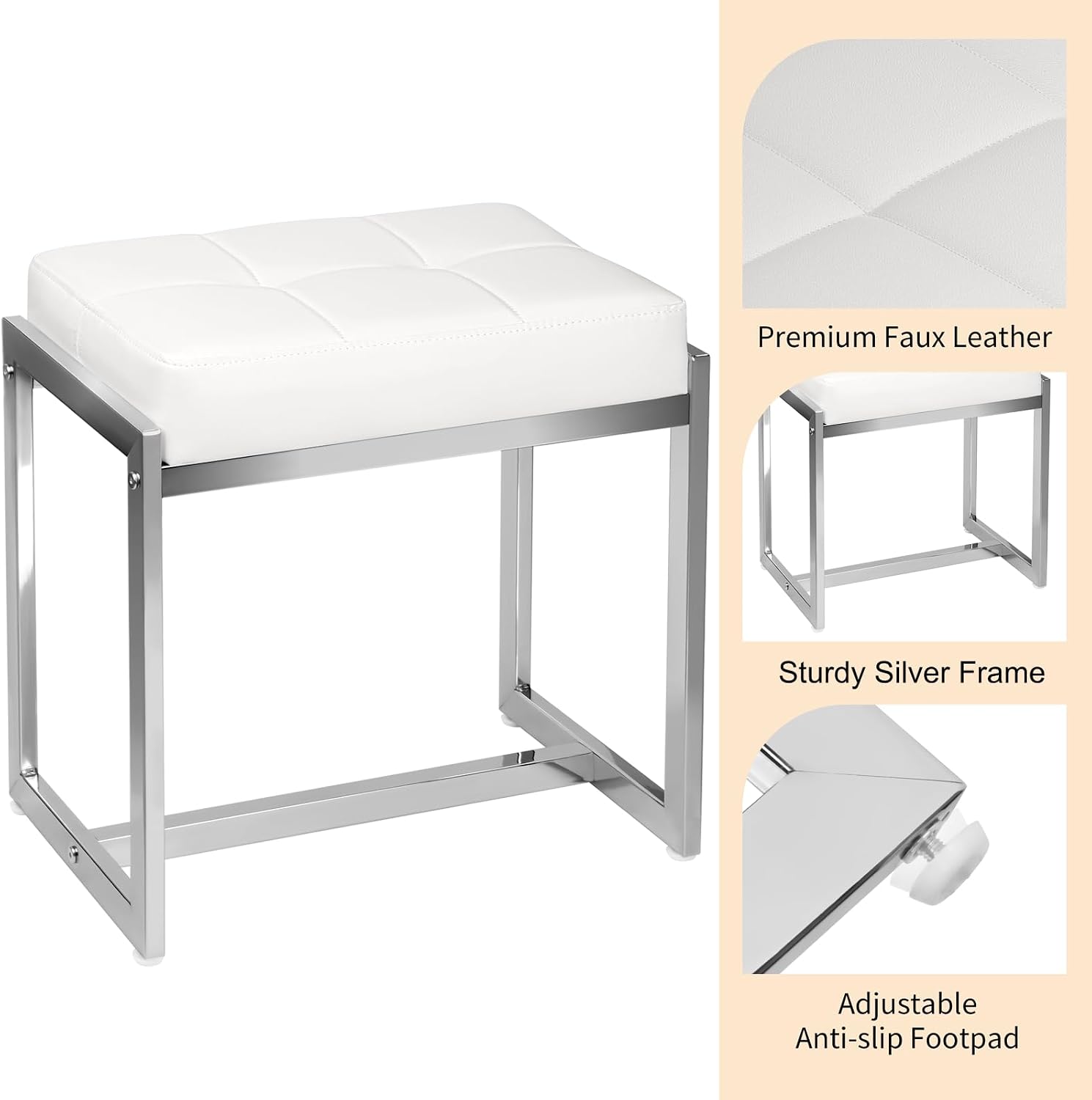 Vanity Stool Chair, Modern PU Leather Ottoman Foot Rest for Vanity Bench with Silver Metal Legs, Multifunctional Chairs for Makeup, Bedroom, Living Room, Small Makeup Stools White&Silver