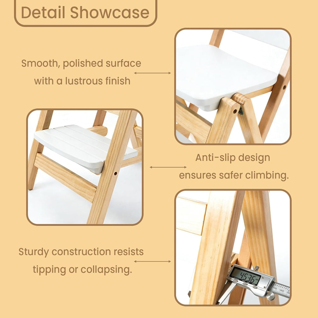 Wooden Folding Step Stool Chair, Solid Pine Wood 3-Step Ladder Stool with Seat, Multi-Purpose Step Chair for Kitchen, Home, Pantry or Bar Use(Wooden)