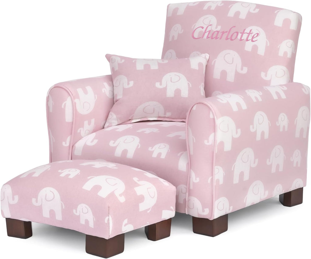 Toddler Personalized Armchair, Kids Upholstered Rocking Chair with Personalization, Toddler Chair with Personalized Name, Comfy Child Armchair, (Pink Elephants Print, Legs)