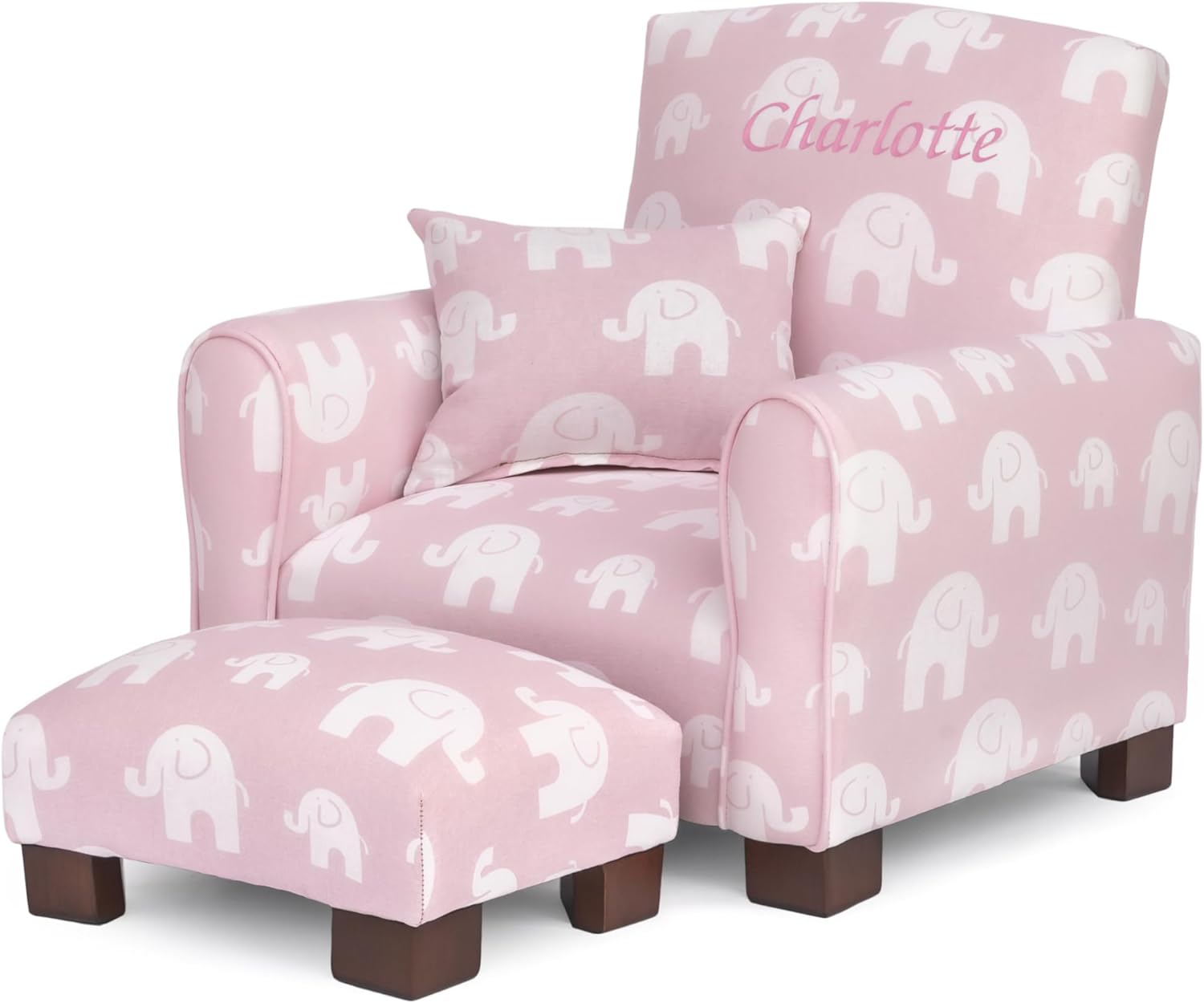 Toddler Personalized Armchair, Kids Upholstered Rocking Chair with Personalization, Toddler Chair with Personalized Name, Comfy Child Armchair, (Pink Elephants Print, Legs)
