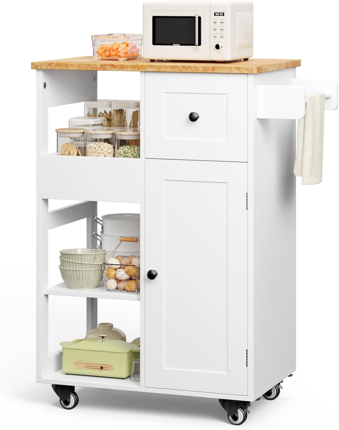 Gizoon Kitchen Island Cart on Wheels, Rolling Serving Utility Cart with Drawers and Doors, Bar Cart with Adjustable Shelf and Removable Tray for Dining Room, White, Tabletop-Oak Color