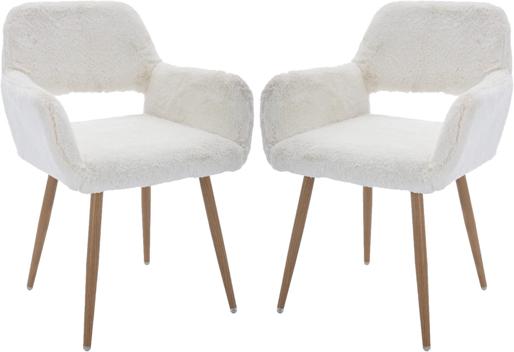 Furry Desk Chair Set of 2, Mid-Century Modern Accent Faux Fur Chair for Teen Girls, Comfy Armchair with Wood Look Metal Legs for Living Dining Room, Home Vanity Makeup Office Desk Chair No Wheel,White