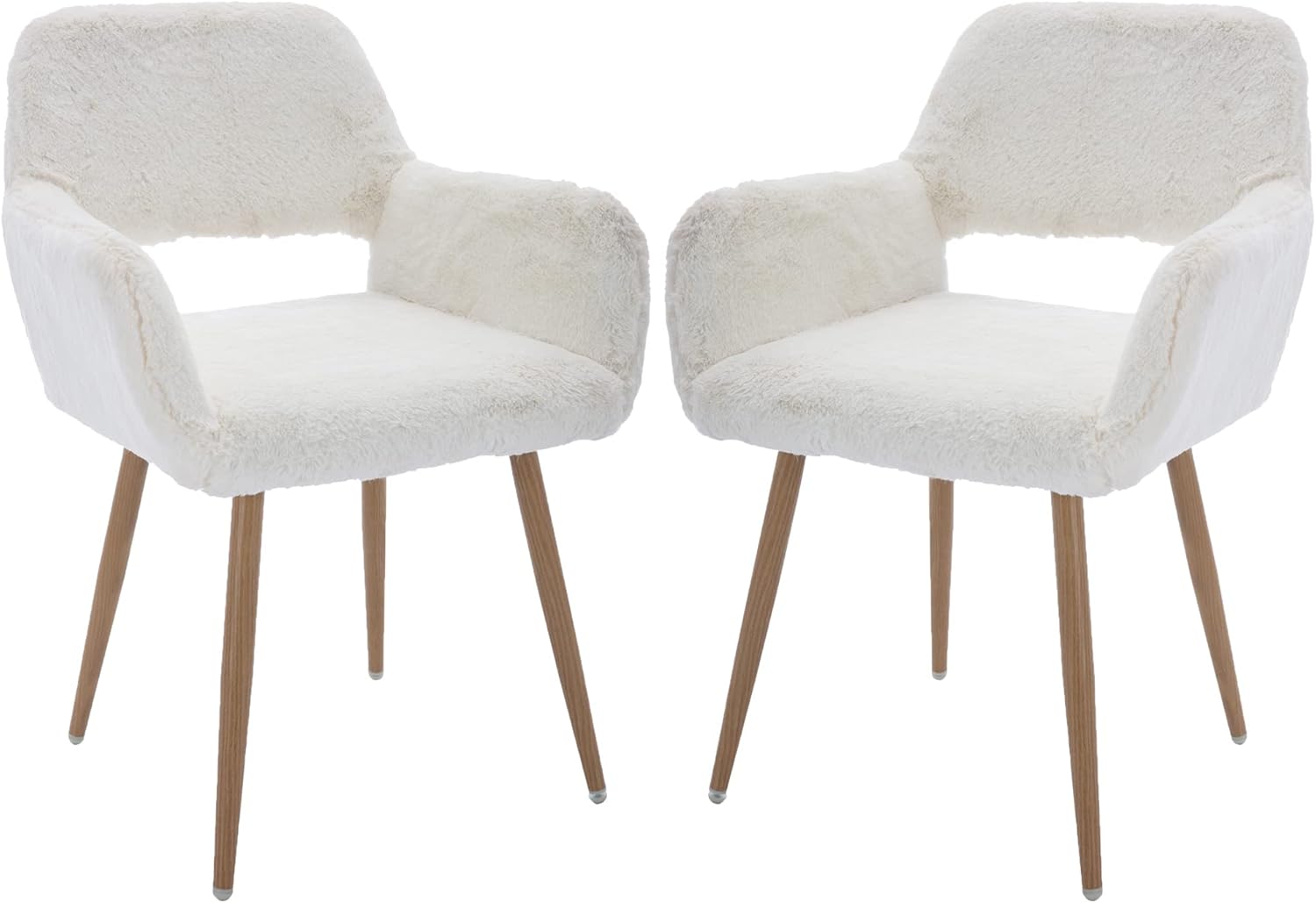 Furry Desk Chair Set of 2, Mid-Century Modern Accent Faux Fur Chair for Teen Girls, Comfy Armchair with Wood Look Metal Legs for Living Dining Room, Home Vanity Makeup Office Desk Chair No Wheel,White