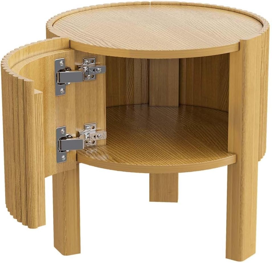 Natural Wood Round Fluted Side Table, Boho end Tables Living Room, Decorative Accent Table for entryway