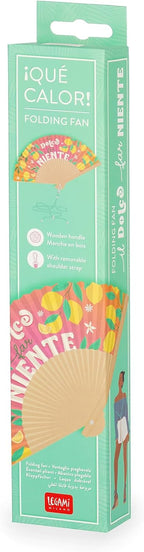 LEGAMI – Folding fan ¡Que Calor! Dolce Far Niente, detachable and adjustable drawstring with matching design, made of polyester, wooden handle, 3.6 x 23 cm