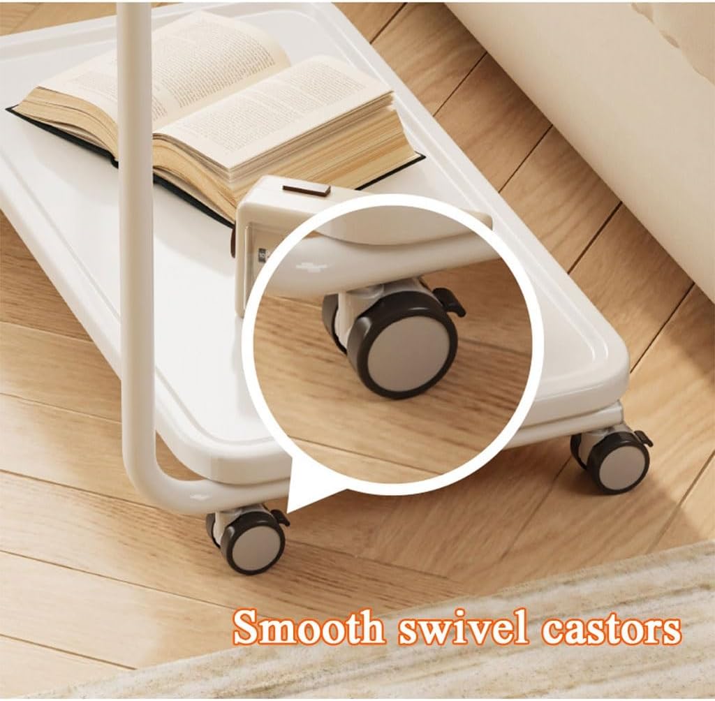 YCKEGEW 2-Tier Storage Trolley Mobile Side Tables with Wheels for Couch Living Room,White C-Shaped End Table for Small Space,360°Swivel TV Tray Table(Armless)