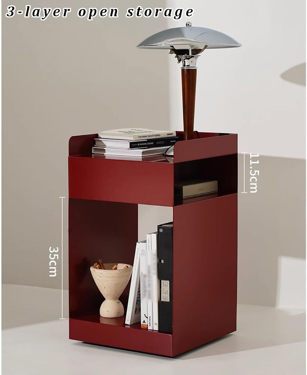 Mobile Narrow Side Table, Modern Metal End Table with 3 Tier Storage, Rolling Nightstand for Bedroom, Living Room, Space-Saving Sofa Side Table with Rounded Corners (35x34x61cm(14x14x24), Red)