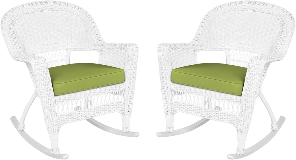 Jeco Rocker Wicker Chair with Green Cushion, Set of 2, White