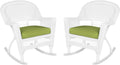 Jeco Rocker Wicker Chair with Green Cushion, Set of 2, White