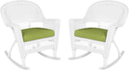 Jeco Rocker Wicker Chair with Green Cushion, Set of 2, White