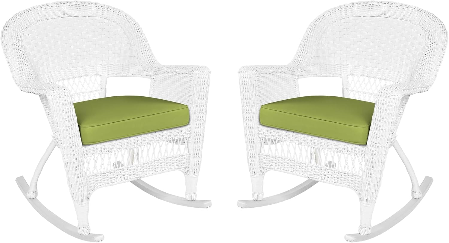 Jeco Rocker Wicker Chair with Green Cushion, Set of 2, White
