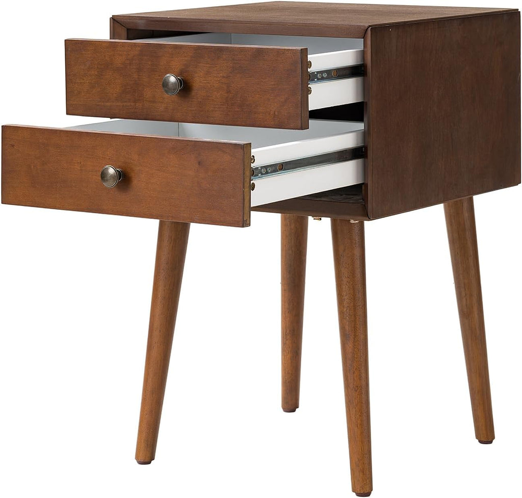 KEIKI Mid Century Modern Night Stand, Space Saving Nigtstand with 2 Big Drawers, Bedroom Bedside Coffee Table for Drink, Sofa Bed Side Desk Tables for Apartment Living Room, Easy Assembly, Walnut