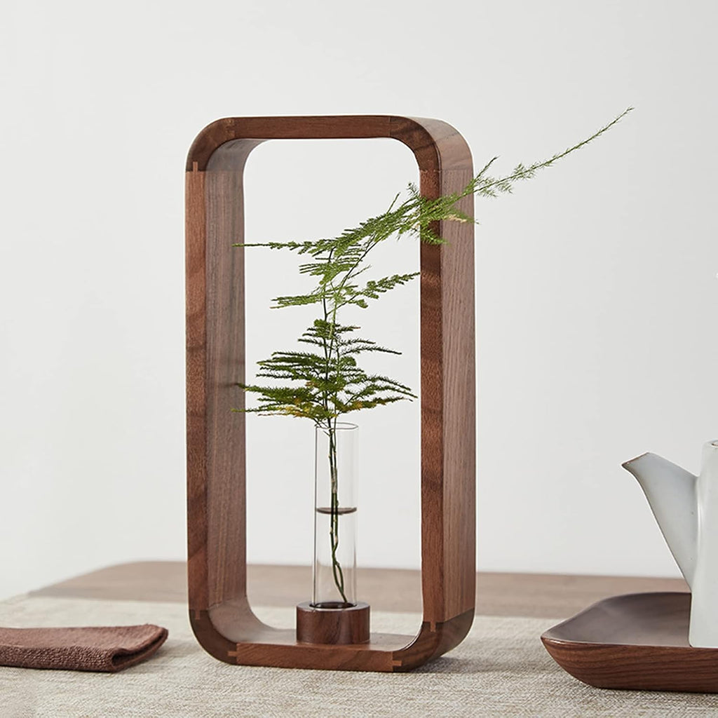 Transprent Glass Vase Test Tube Hydrophilic Plants Holder Walnut Wooden Frame Flower Stand Table Garden Bonsai Decor,Gifts for Women, Home Office Decor Planter (Big)