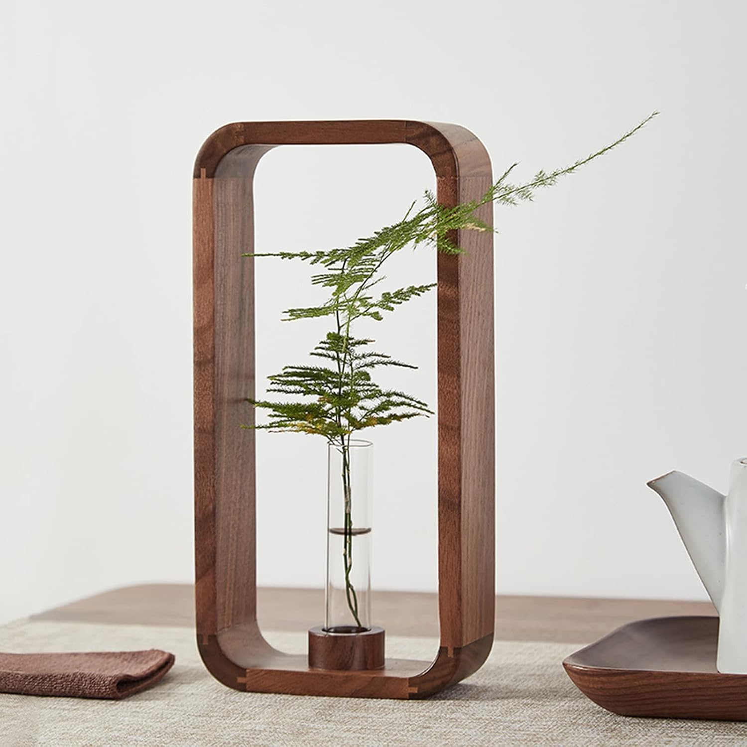 Transprent Glass Vase Test Tube Hydrophilic Plants Holder Walnut Wooden Frame Flower Stand Table Garden Bonsai Decor,Gifts for Women, Home Office Decor Planter (Big)