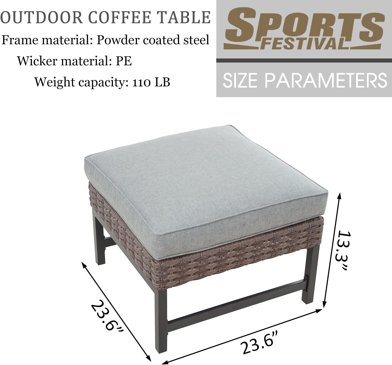 Outdoor Patio Ottoman with Cushion All Weather Wicker Footrest Rattan Furniture Square Footstool Seat with Metal Frame for Deck Yard Lawn