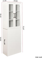 70.87" H Slim Display Storage Cabinet with 4 Tier Multi-Functional Pull-Out Shelves, Narrow Bookcase with 2 Glass Doors, Space Saving Storage Organizer for Kitchen Living Room Bathroom, White