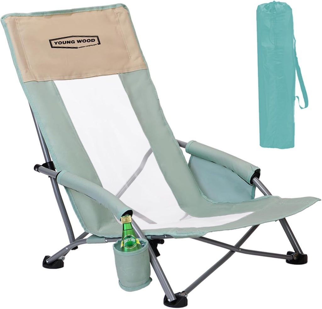 YOUNG WOOD High Beach Chair, Camping Chair, High Back Extra Wide Seat Chair with Comfortable Pillow & Storage Pocketsuitable for Adults, Children and Pets,Load Capacity 350lb,Blue,1p