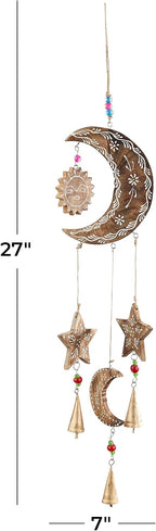 Deco 79 Mango Wood Sun and Moon Windchime with Glass Beads and Cone Bells, 7" x 1" x 27", Gold
