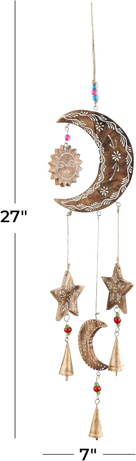 Deco 79 Mango Wood Sun and Moon Windchime with Glass Beads and Cone Bells, 7" x 1" x 27", Gold