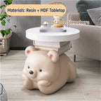 Cute Round Side Table, Colorful Resin Bear Nightstand, Minimalist Coffee Table, Decorative Sofa Table, Modern End Table for Living Room, Bedroom(White)