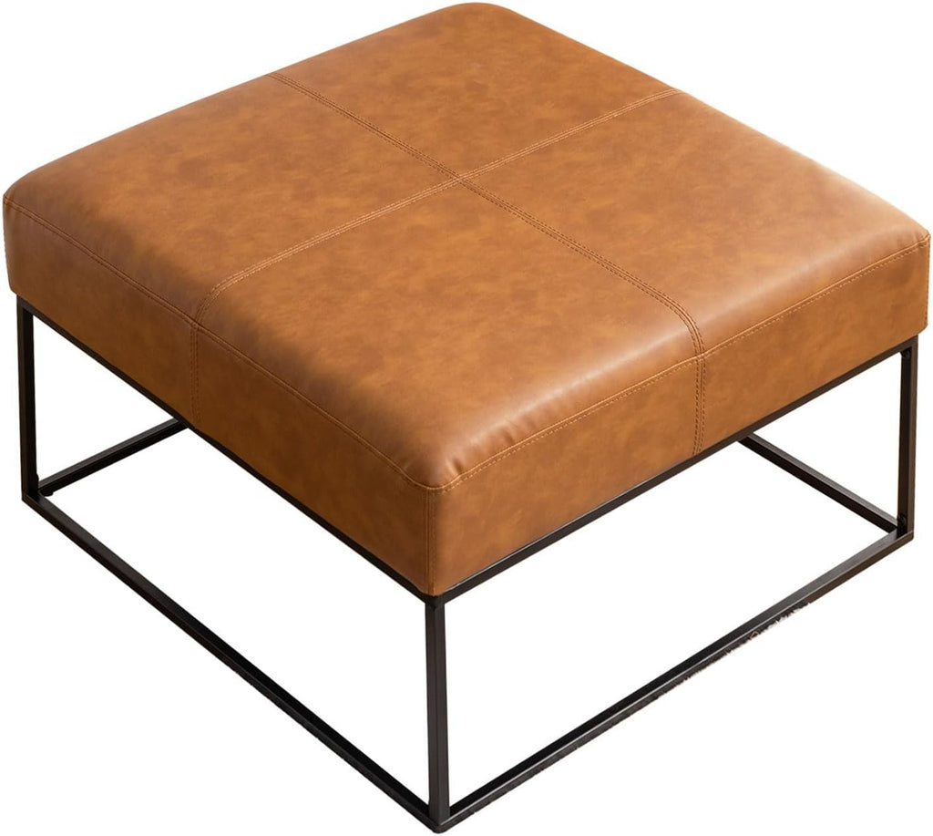 Modern Square Coffee Table, Farmhouse Ottoman for Living Room, Large Vintage Leather Coffee Tables with Faux Leather Upholstered Padded Seat [Square, Vintage Brown, 30'']