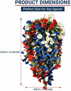 Red White and Blue Flowers Artificial Flowers Outdoor, 4th of July Decoration Tricolor Patriotic Artificial Flower Hanging Porch Decor, Patriotic Artificial Flowers for Independence Day Decor (2pcs)