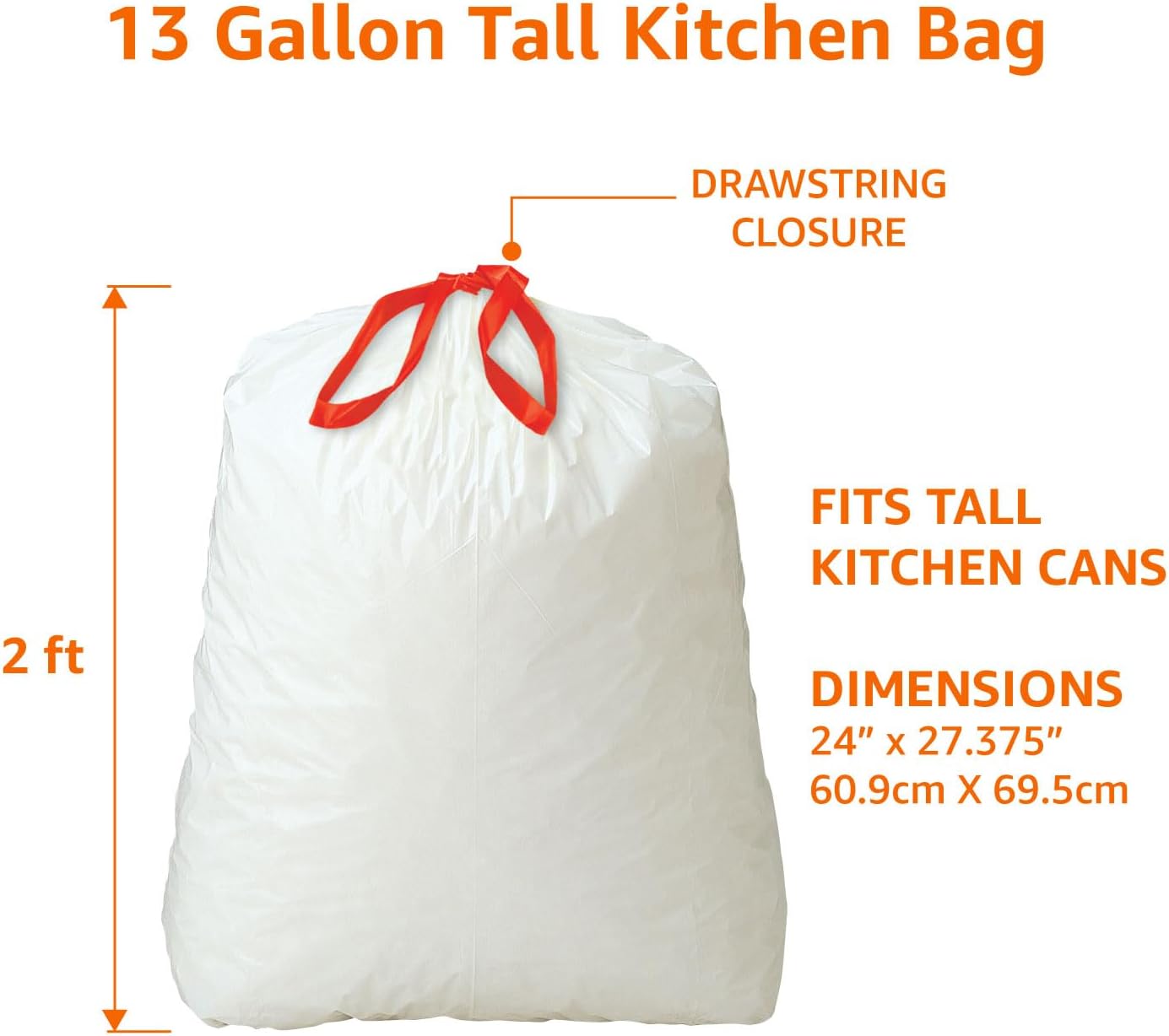 Amazon Basics Tall Kitchen Drawstring Trash Bags, Sturdy, 13 Gallon, Unscented, 200 Count