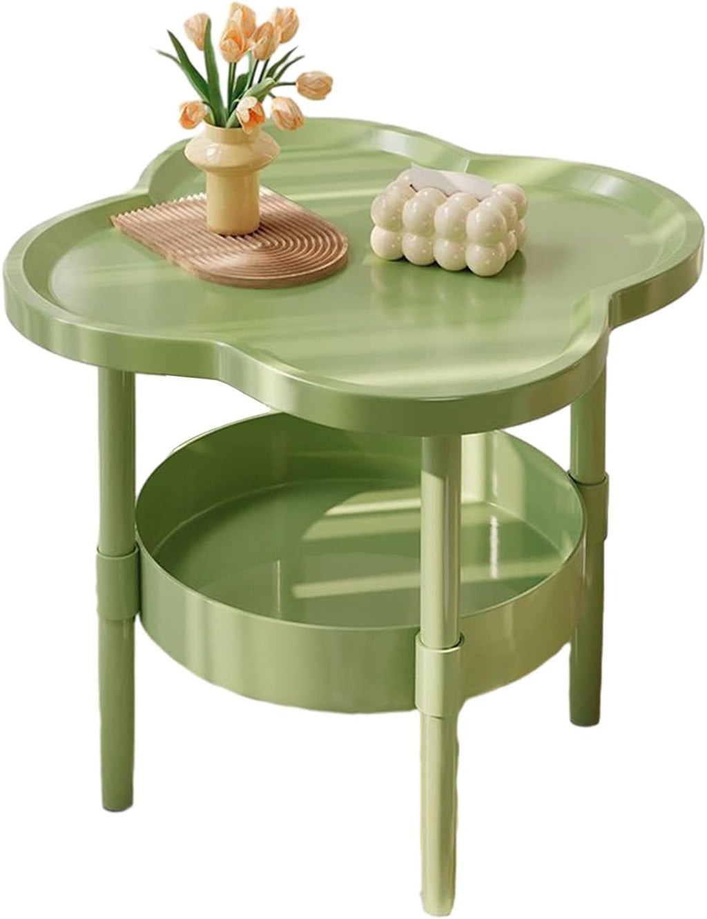Petal-Shaped Side Table Living Room, 2-Tier Storage Small Coffee Table 15.35”, Lightweight Stable with Storage for Bedroom Small Spaces, Modern Couch Table for Home (Green)