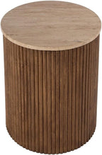 Beaumont Lane Modern Round Side Table, 15" x 19", Travertine Stone Top and Fluted Mango Wood Base, Natural Finish, Durable Accent Table for Living Room or Bedroom