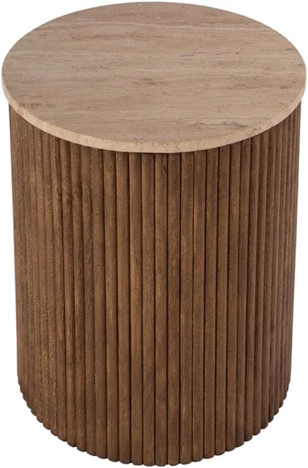 Beaumont Lane Modern Round Side Table, 15" x 19", Travertine Stone Top and Fluted Mango Wood Base, Natural Finish, Durable Accent Table for Living Room or Bedroom