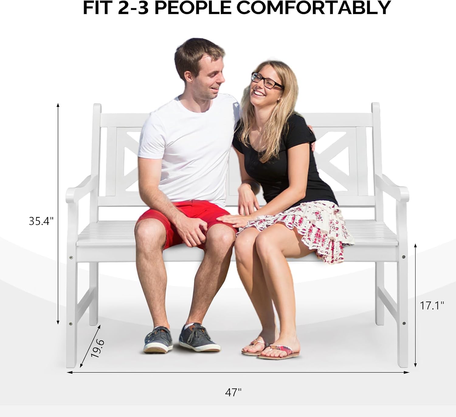 VINGLI 50" Outdoor Wood Bench, Weatehr Resistant Wooden Garden Patio Bench with Comfortable Backrest & Curved Armrest, 800lb Capacity Loveseat for Front Porch Park Yard Deck (White, Geometric)
