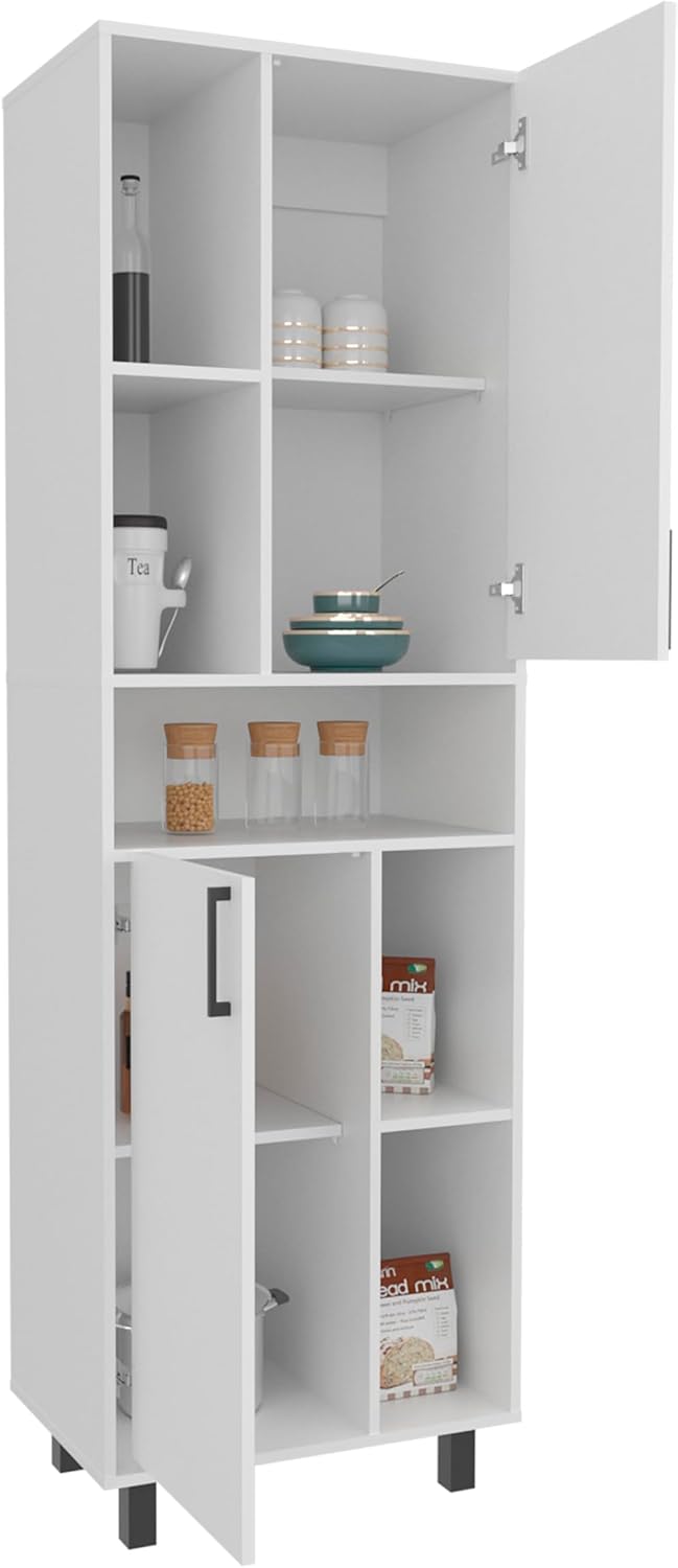 23.6" D* 16.2" W*74.8" H Kitchen Pantry with 4 Shelves, 2 Single Doors with 8 Storage Cubbies, Rectangular Storage Cabinet, Modern Minimalist, for Living Room, Dining Room, White