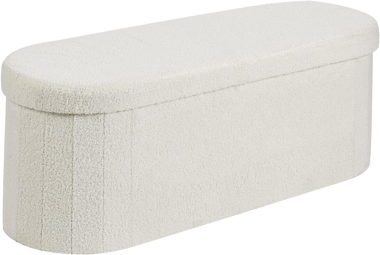 VEVOR Oval Storage Ottoman Bench, Foldable Teddy Fleece End of Bed Bench, Folding Upholstered Bed Ottoman Chest with Large Storage Space, Supports 660 lbs, for Living Room, Bedroom, Entryway, Beige