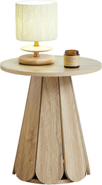 Small Round End Table Nightstand, Mid Century Modern Side Table with Petal Base, Wood Bedside Table for Bedroom, Living Room, Small Space Natural