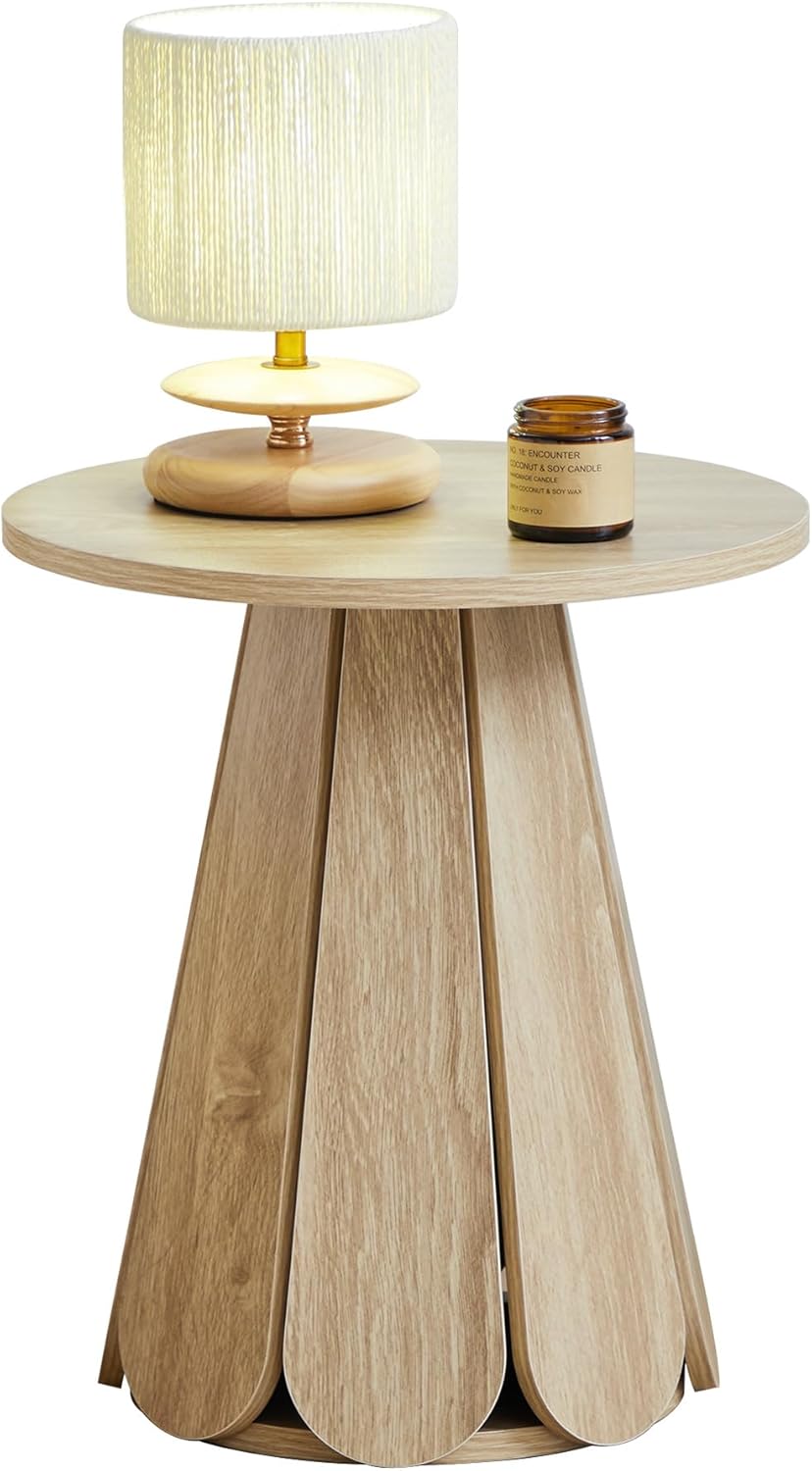Small Round End Table Nightstand, Mid Century Modern Side Table with Petal Base, Wood Bedside Table for Bedroom, Living Room, Small Space Natural