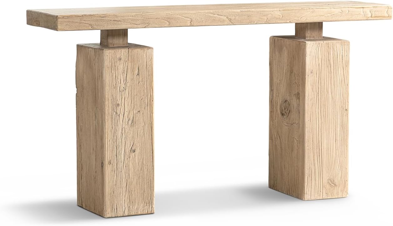 Jennifer Taylor Home Calder 60" Solid Reclaimed Elm Plinth Console Table, Heritage Light Natural Brown Reclaimed Elm