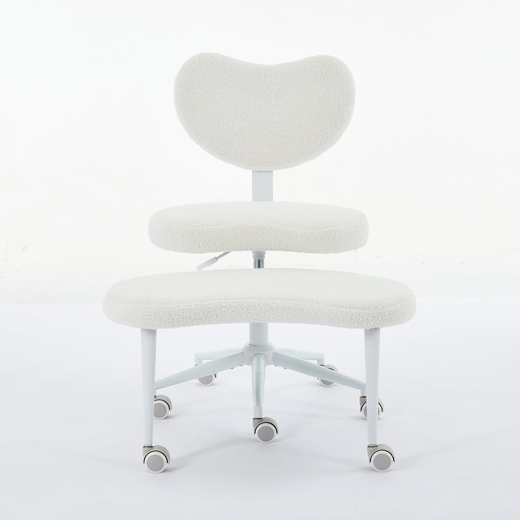 Cross Legged Office Chair with Wheels–360°Swivel Meditation Chair, Adjustable Height Yoga Office Chair for Adults, Ergonomic Kneeling Chair with Back Support for ADHD,Teddy Fabric Ivory